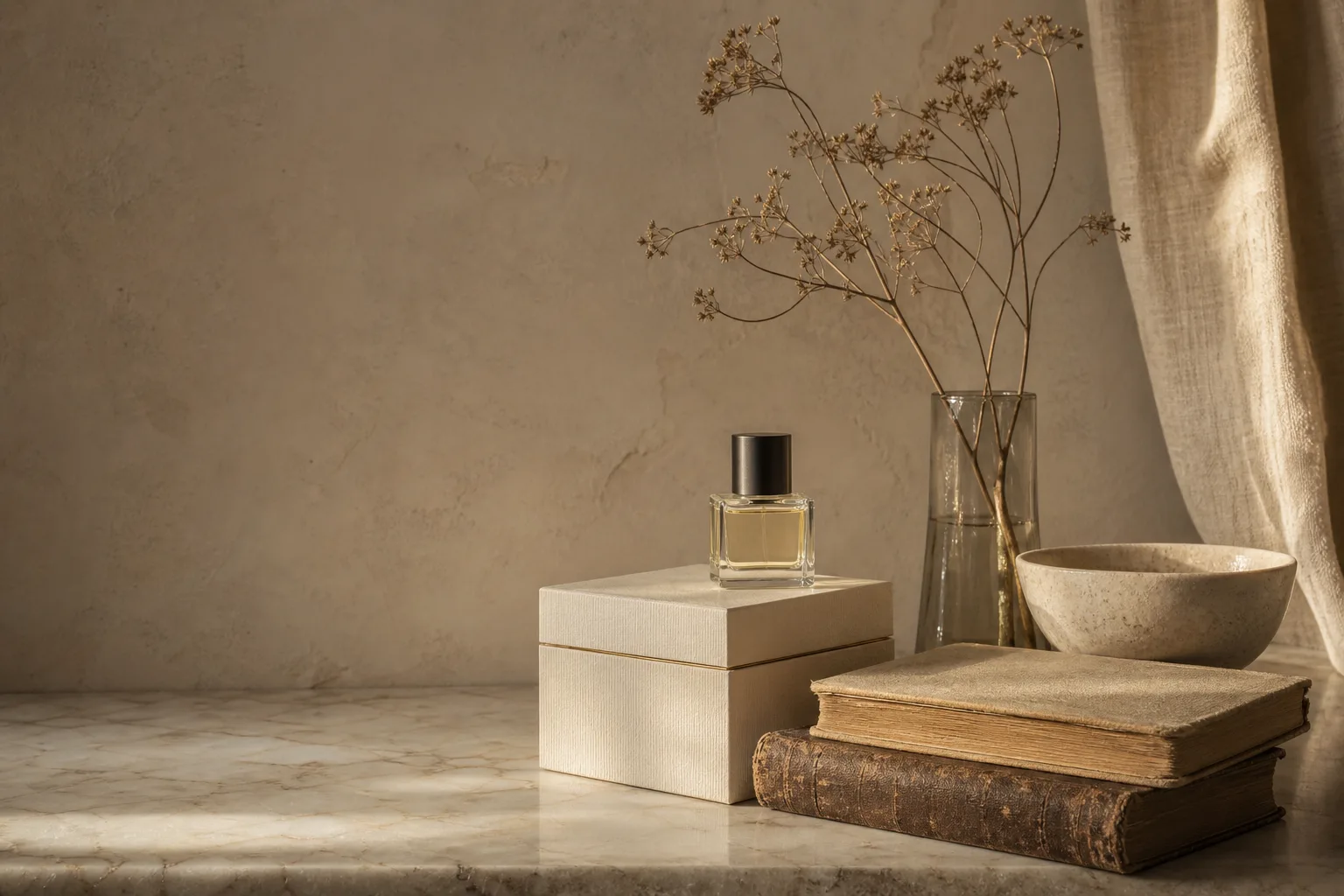 PARFYMORA fragrance box, books and botanical branches in a Paris atelier