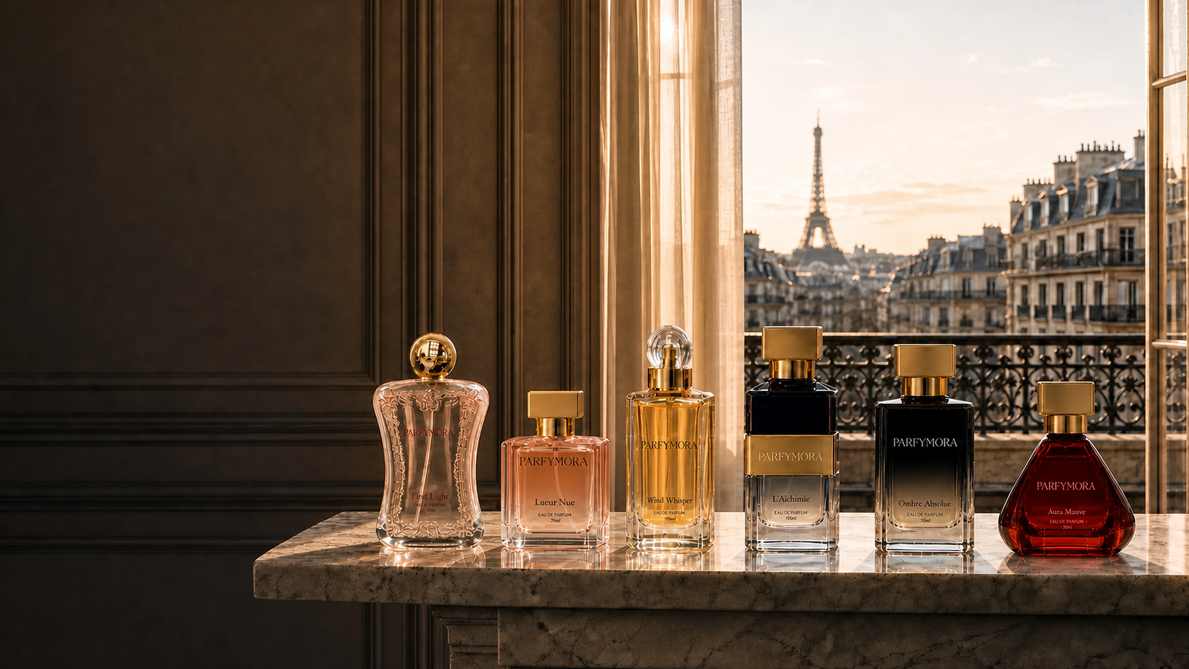First Light, Lueur Nue, Wind Whisper, L'Alchimie, Ombre Absolue and Aura Mauve overlooking Paris