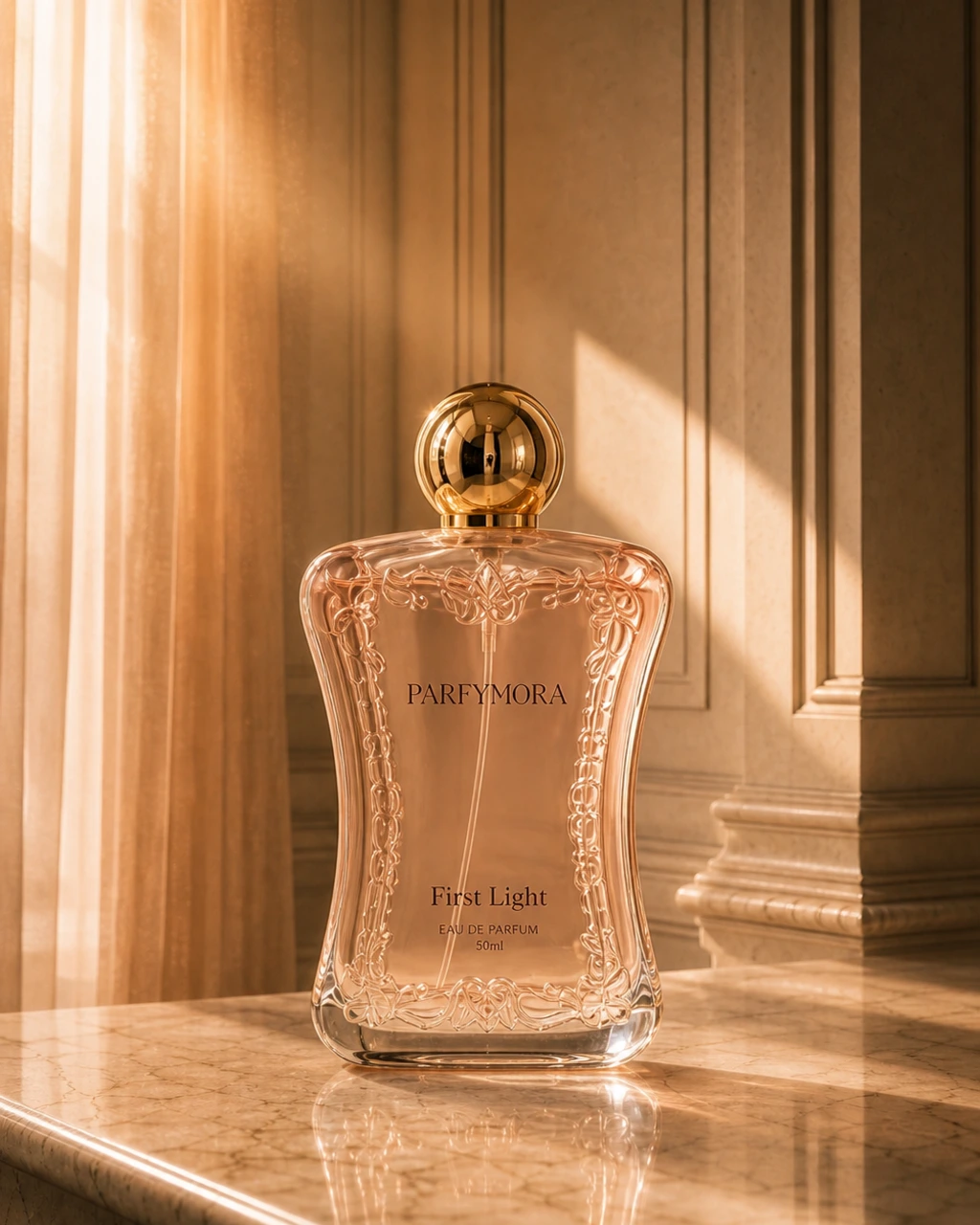 First Light eau de parfum bottle in a Parisian interior