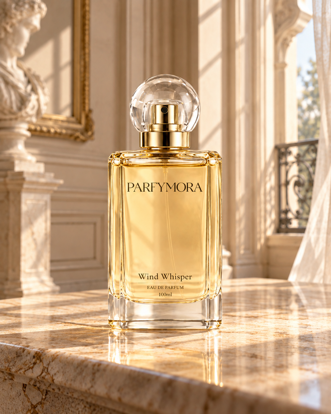 Wind Whisper eau de parfum bottle in a Parisian interior