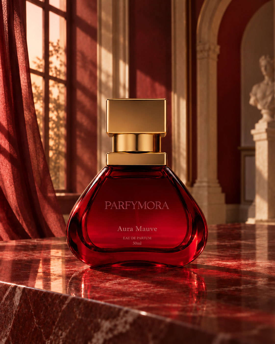 Aura Mauve eau de parfum bottle in a Parisian interior