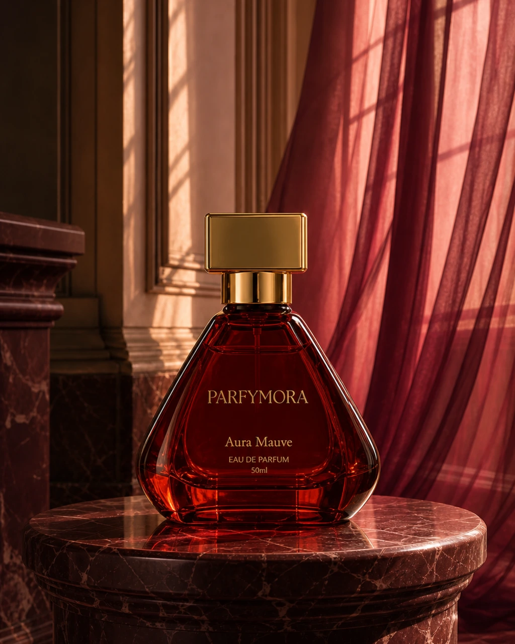 Aura Mauve eau de parfum bottle in a Parisian interior